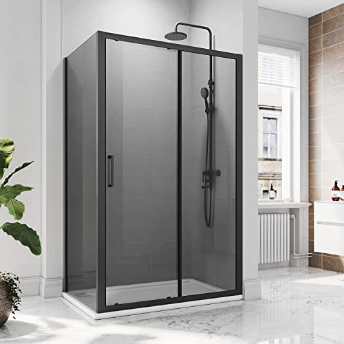 ELEGANT 1200x800mm Black Sliding Shower Enclosure 8mm Easy Clean Glass Shower Cubicle Door + Side Panel
