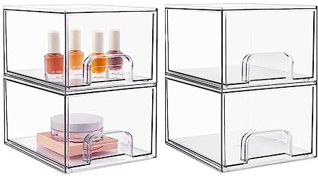 Vtopmart 4 Pack Stackable Storage Drawers, Acrylic Organiser with 32 Non-slip Mat, Acrylic Drawer Organiser for Dresser, Bathroom