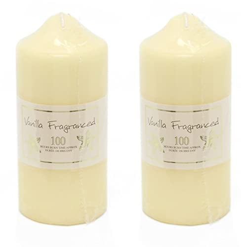 Set of 2 Over-Dipped Vanilla Fragranced Pillar Candle | 100 Hour Cream Wax Church Pillar Candle | Scented Decorative Votive Lantern Candle
