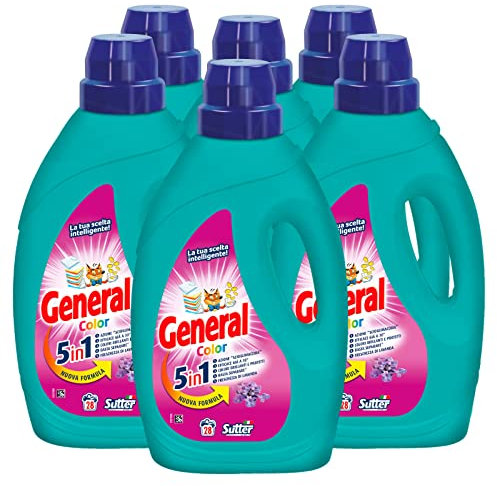 6x detersivo liquido General Color 5in1 per Lavatrice 28 Lavaggi - 6 Flaconi da 1,26L ciascuno