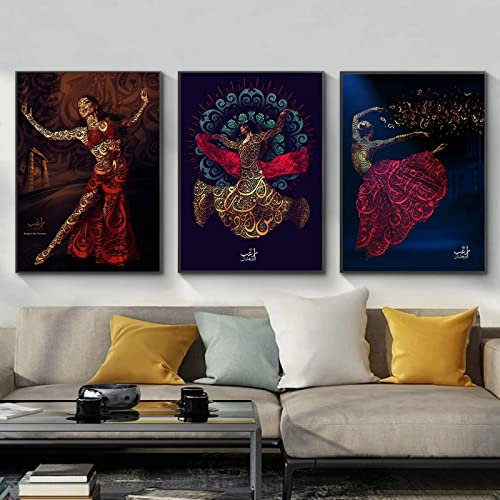 Leinwandmalerei Islamischer Sufismus Wirbelnder Derwisch Bild Tanz Mädchen Religion Kunst Poster und Drucke für Bürodekorationen 42x30cmx3pcs rahmenlos