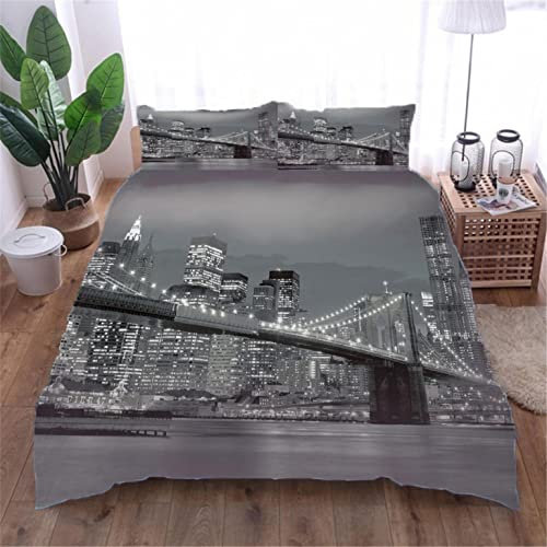 Housse de Couette Pont de New York Bedding Garçons Enfants Filles 3D imprimé Housse de Couette Set de literie Housse de Couette Microfibre Fermeture éclair 2 taies d'oreiller 140x200cm Cainahui13310