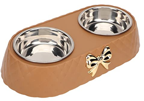 Qcwwy Double Stainless Steel Dog Bowls with Non-Slip Base | PP base with 4 non-slip mats, separate food/water, 34cm length, for kitchen feeding small medium dogs