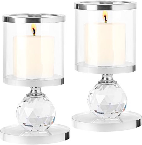 BELLE VOUS (Lot de 2 Grand Bougeoir Verre de Cristal Argenté - 12 cm - Photophore Verre Transparent - Centre de Table Bougie pour Maison, Mariage, Fête & Salle à Manger