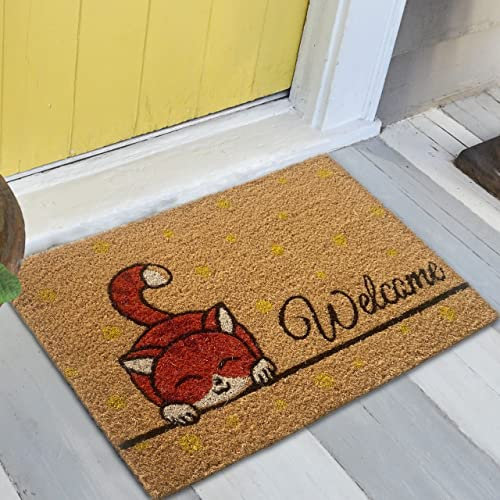 Teppich-Traum Moderner Kokos Schuhabtreter langlebig • buntes Katzenmotiv • gelb braun orange, 45 x 75 cm