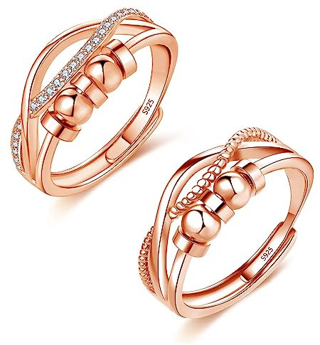 Loutade Silber Anxiety Rings, 2PCS 925 Sterling Silber Angst Ringe Set, Offen Einstellbar Rose Gold Angstringe Trauringe, Unendlichkeit Spinner Fidget Ring Zappelringe Stressring für Damen Herren