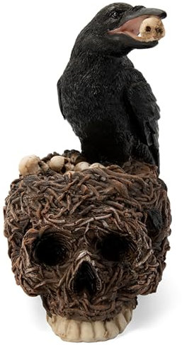 Basuo-9Q Halloween-Deko, schwarze Krähe auf verwelkter Rebe, Totenkopf-Nest mit Mini-Totenköpfen, Heimdekoration, Gothic-Rabe, sitzend auf Skelett, Sammlerstück, makabre Beinhaus-Skulptur