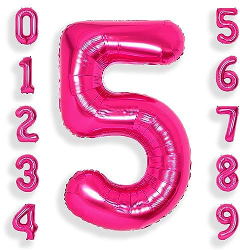 SUWEN Palloncini grandi con 5 numeri rosa acceso, 101 cm, in lamina grande, con numero di elio, da 0 a 9, Jumbo Happy 5th Mylar, decorazioni per feste di compleanno per ragazze, anniversari, forniture