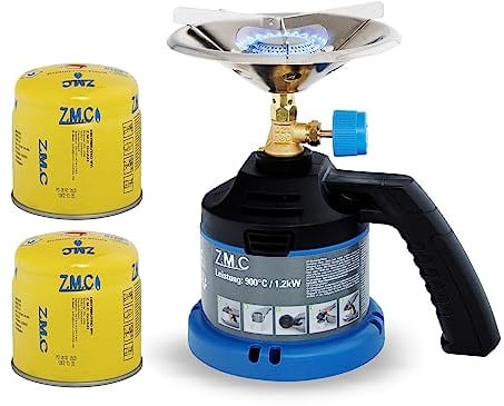 Z.M.C Campingkocher 1-flammig mit Griff inkl. 190g Gaskartusche | Tragbarer Gaskocher, Mini Gasgrill & Kohleanzünder | Kompakter Kartuschenkocher für Camping Outdoor Picknick Balkon & Notfälle