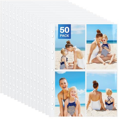 WenYa 4x6inch Photo Sleeves for A4 2/3/4 Ring Binder Album, Clear Double-Sided Postcard Sleeves, A6 Paper Punched Pockets, Top Loading Photo Album Refill Pages, 4 Pockets, 50 Pack (up to 400 Photos)