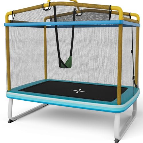SPOTRAVEL 6 FT Kids Trampoline, 3-in-1 Toddler Trampoline with Safety Enclosure Net, L-shaped Zipper, Swing & Horizontal Bar, Indoor Outdoor Rectangle Trampoline for Boys & Girls (Blue + Yellow)