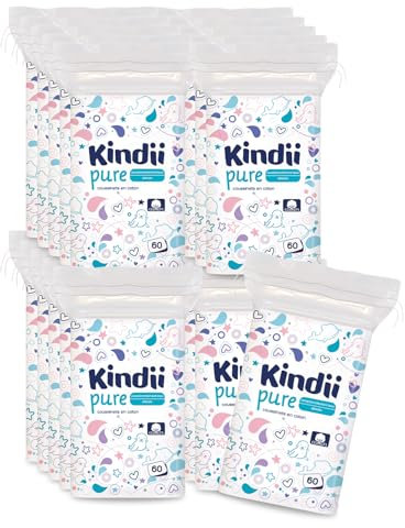 Kindii Pure Baby Pads - Wattepads - 100% Baumwolle - Große quadratische Pads für empfindliche Haut - Ersetzt Feuchttücher - Weich - weiche Kanten - kein Ausfransen - 20 x 60 Stück.