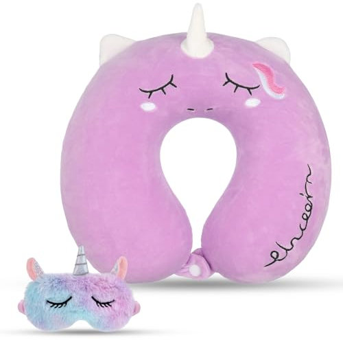Utensilsto Coussin de nuque, en mousse à mémoire de forme, pour enfant, avec masque pour les yeux de licorne, 30 x 30 cm, mignon, violet