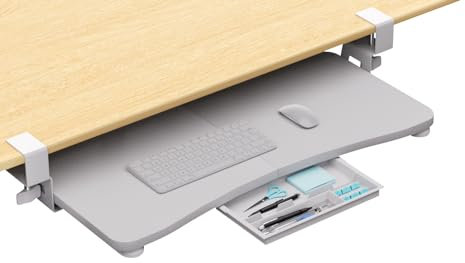 CALASK Desktop Keyboard Tray, Under Desk Pull Out,25.59 X 11.81 Large Size Radian Keyboard Tray with C-Clip Mount, Easy Installation, Computer Keyboard Stand, for Home Study and Office(Wood)