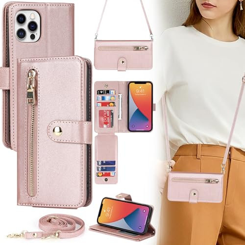 ELTEKER Handyhülle für iPhone 12 Pro Max Hülle mit Band, Klapphülle mit dem Verstellbaren Umhängeband Kartenfach - roségold