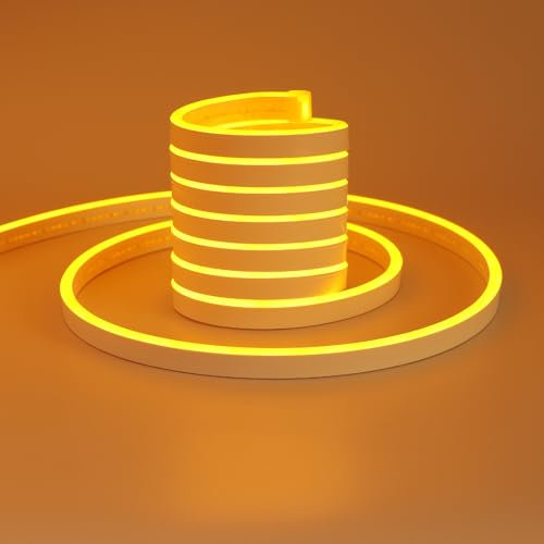 TOPAI 24V Neon Gelb LED Streifen 5M Wasserdicht IP65, Gelb LED Strip Aussenbereich, DIY Flexibel LED Band Schneidbar für Küche Wohnzimmer Deko (Das Produkt enthält kein Netzteil)