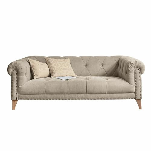 Loberon Sofa Sanbornville, Klassische Chesterfield-Optik, Traditionelle Form, Robuster Bezug, Hochwertige Polsterung, Sitzmöbel, Couch, Gummibaum, Polyester, Taupe