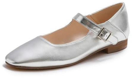 Feversole Damen Weiches Kissen Extra Gepolstert Komfort Quadratischer Zehe Mary Jane Metallschnalle Mode Ballerinas Wanderschuhe, Silber Mary Jane,39