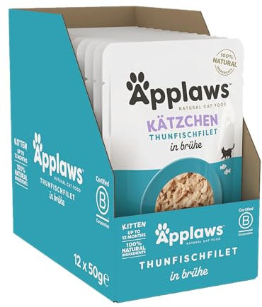 Applaws 100% natürliches Nassfutter für Kätzchen, Thunfischfilet in Brühe - Packung mit 12 x 50g Beuteln