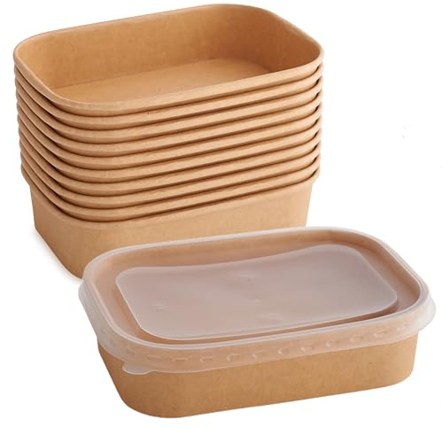 Lot de 20 petits saladiers rectangulaires en papier kraft avec couvercles passant au micro-ondes Marron 500 ml