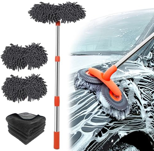 Autowaschbürste mit Doppelter Bürstenkopf, 360° Drehung Teleskop Waschbürste Set mit 4 cm Microfaser Auto Waschbürstenüberzug ×4, Mikrofasertücher, Waschhandschuh, für Auto, Van, Trucks, Caravan