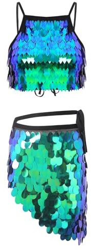 TiaoBug Damen Pailletten Bauchtanz Kostüm Spaghettiträger Top und Asymmetrischer Rock zum Binden Wettbewerb Wettkampf Outfits Zweiteilige Tanzbekleidung Grün S
