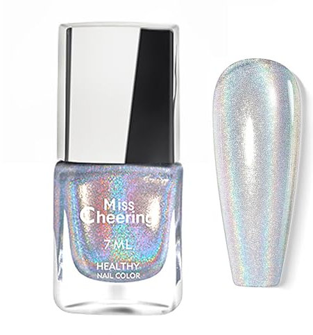 Holographic Nail Polish - Sheer Silver Glitter Nail Varnish - Shimmer Chrome nail Polish - 60 Seconds Quick Dry Nail polish - Super Shine Laser Breathable Nail Polish No Need Bake