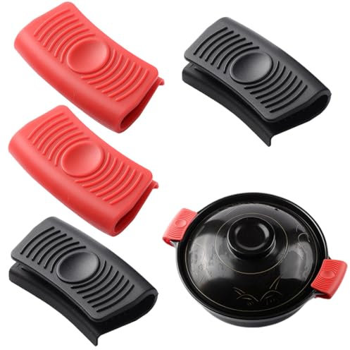 EIHI 4 Piezas Asas De Silicona Para Ollas,Manoplas Horno Silicona,Agarraderas Silicona Cocina,Se Utiliza Para Tomar Olla Caliente,Sacar La Comida Asada,En La Cocina(Negro/Rojo)