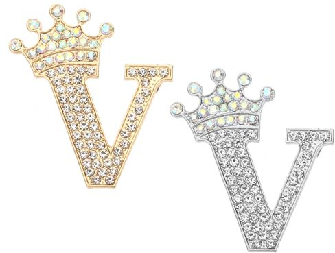 PATIKIL Brief Broschen Pins, 2 Stück Initial Strass Alphabet V Brief Reversnadeln für Damen Kleid Mantel Handwerk, Gold/Silber Ton