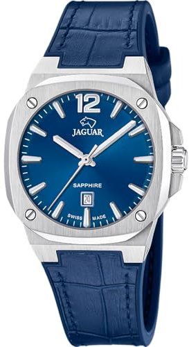 JAGUAR Uhr Für Damen J1032/4 Swiss Made Rondcarre Silber Edelstahl Case BlauLeder Band