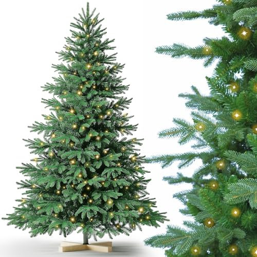 Weihnachtsbaum Künstlich PVC und PE，210cm Tannenbaum Künstlich mit Christbaum Holzständer、Beleuchtung LED，Nordmanntanne,Schwer Entflammbarer Automatischer Christbaum，Naturgetreuer Tannenbaum Künstlich