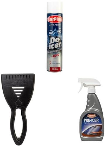 CarPlan Winter Bundle - 1 x 600 ml CarPlan Blue Star Aerosol De-icer, 1 x 500 ml CarPlan Pre-Icer Night Before - Anti-Icing Spray & CarPlan Plastic Ice Scraper