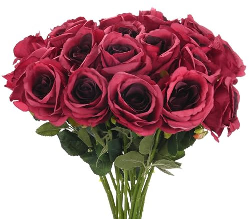 M METERXITY 20-Pz Rosa Fiori Artificiali Lungo Stelo, Bouquet Rose Finte Seta, Fiori Finti Tatto per Decorazioni Casa/Matrimonio/Natale/Party/Giardino [Rosso Vino]