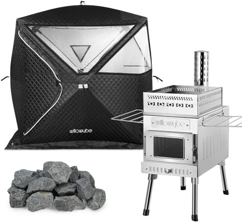 WILLOWYBE Ensemble de Sauna Extérieur Portable avec Tente de Sauna, Poêle à Bois pour Sauna, Pierre de Sauna pour Sauna Sec, Cuisine pour la Famille et Les Amis