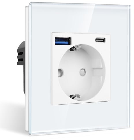 CNBINGO Einzelsteckdose mit 2× USB-Anschluss (Max. 2.1A, Typ-C und USB-A) - Einfach Glas Schuko Steckdose Unterputz - Weiß Wandsteckdose mit Kindersicherung