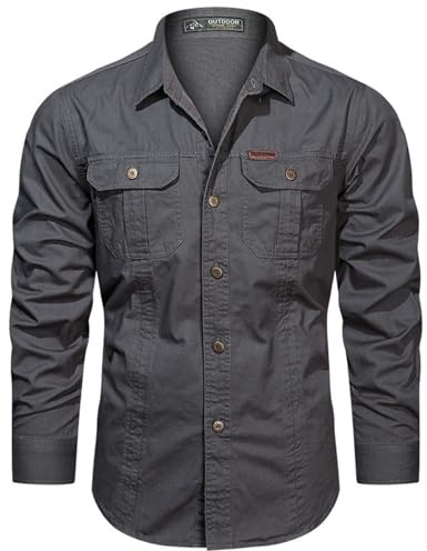 PADOLA Chemise Homme Manches Longues Slim Fit Coton Boutonnée Chemises avec Poches Col Rever Chemise de Travail Cargo Uni Chemisette Militaire Tactique Shirt Safari Habit (3 Gris, M)