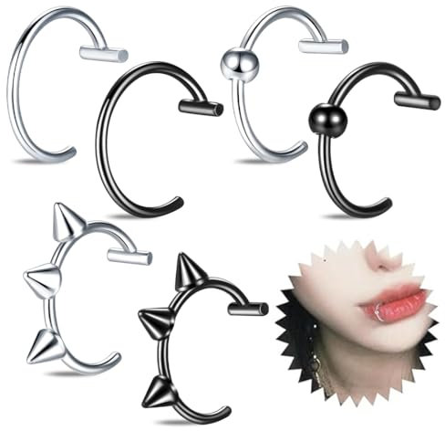 JEYORZY 6 Stück Edelstahl Nasenpiercing Nase Ring, Lippenpiercing Smiley Piercing Septum Piercing, fake piercing, fake septum, fake nose ring, fake piercings