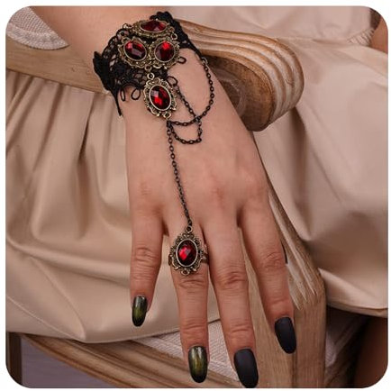 1 PCS Fingerring Armbinde Kettenarmband Vintage Layered Quaste Armband Personalisieren Handkette Schmuck, Armband aus Spitze mit Ring und Edelstein, Gothic, Accessoire Halloween Kostüm