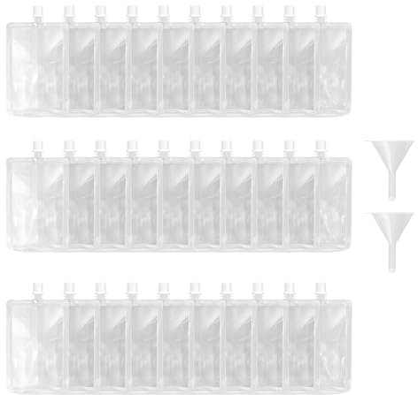 MEGAROOM 30 bolsas transparentes de 380 ml con tapas y embudo, a prueba de fugas, para alcohol, zumos, líquidos, bebidas, petaca de plástico, para festivales, fiestas, picnics