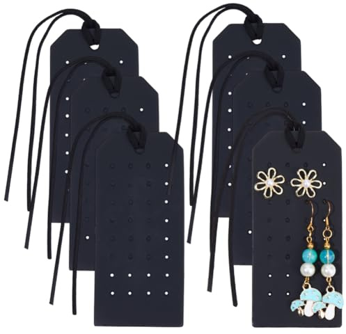 CALFOVERA 6 Stück 4.3x2.232cm Ohrring Organizer Aus PU Leder Hängeetui (3) Löcher Rechteckig Tragbar Ohrringhalter Mit Kordel Ohrstecker Displaykarten Für Damen Reiseschmuckaufbewahrung (Schwarz)