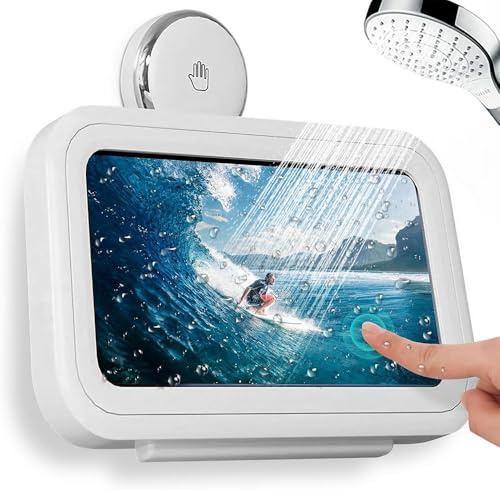 XFSRG Support de Téléphone Douche Étanche Boîtier avec Mural 360° Rotation écran Tactile, Fixation Solide Salle Bain, idéal pour vidéos et Musique sous la Douche(Blanc)