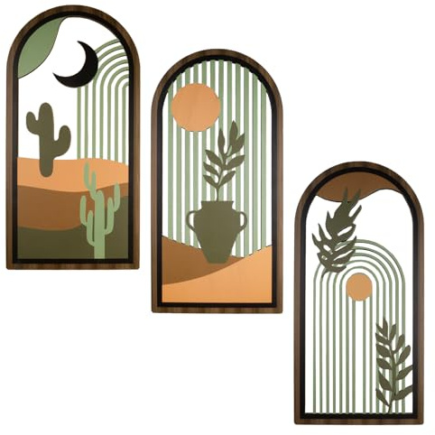 YunBey Set de 3 adornos murales boho, arcos madera con cactus y plantas | Decoración moderna en forma de arco. Ideal para sala de estar y dormitorio