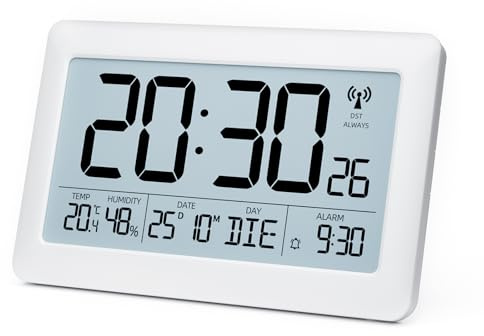 LATEC Wanduhr Digital, Digitale Wanduhr mit Temperaturanzeige und Feuchtigkeitsanzeige, Funkuhr Digital mit Hintergrundbeleuchtung, Datum, Wochentag, Groß, 20 x 13 x 1,2 cm (mit Batterien)