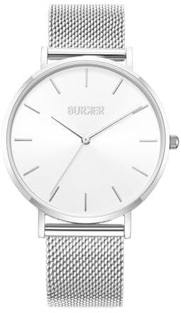 BURKER Damenuhr Ruby Damen Armbanduhr Rond Klassisch Analog Wasserdicht 3 ATM Geschenk für Frauen Geburtstag Valentinstag - Milanaise-Armband - Silber Weiß Mesh - 38 mm