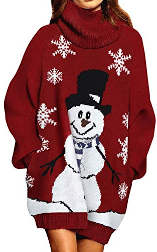 Viottiset Damen Weihnachten Lockeres Übergroßes Langes Pulloverkleid Rollkragen Gerippt Grobstrick Gestrickt Pullover Rot S