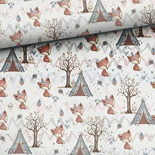 Keine Meterware, Stoffe zum Nähen für Kinder, 100% Baumwolle: 0,5m Tiere Premium Baumwollstoff mit Waldtiere - Füchse Jungen als Indianer - Waldfreunde