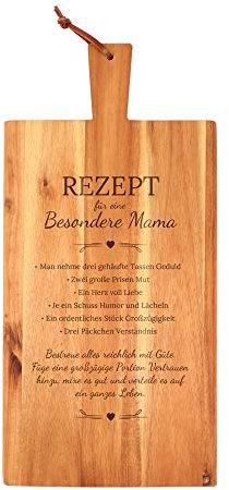 Casa Vivente Großes Schneidebrett mit Griff und Lederband, Gravur Rezept Mama, Geschenkidee zum Muttertag