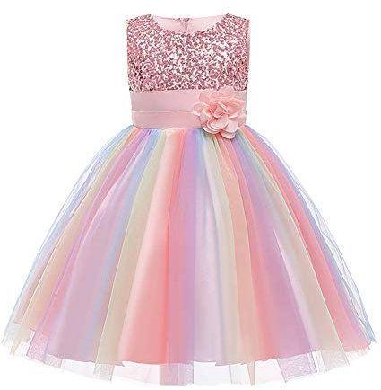 Kinder Mädchen Pailletten Kleid Blumenmädchen Regenbogen Tüllkleid Hochzeit Brautjungfer Tütü Prinzessin Kurzes Partykleid Kleinkinder Geburtstagskleid Ballkleid Ärmellos Sommerkleid Rosa 5-6 Jahre