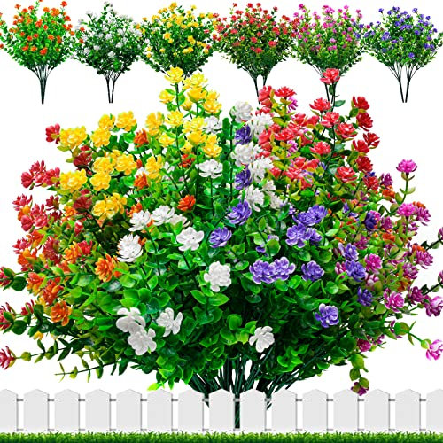 Elecoutek 12 Bundles Artificial Flowers Outdoor, 6 Colors Fake Flowers UV Resistant Faux Plastic Greenery Shrubs Plants for Outside Indoors Hanging Basket Garden Window Box Decoration
