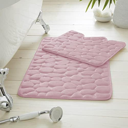 Artistic Fashionista Limited 2 Pieces Memory Foam Pebble Bath Mat Rugs for Bathroom - Non Slip - Super Soft - Extra Absorbent - Washable - Bath & Pedestal Bathroom Mats Toilet Shower Set (Blush Pink)